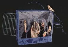 'Blue Tangle', mixed media bird cage, collaged forms, acrylic painting