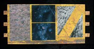 'Constellation Ladder', mixed media collage, netting, found wood