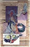 'Suspended Womb', mixed media oil pastel on wallpaper on lathe