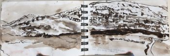 Eyjafjörður from Akureyri cemeteryWatercolor sketch 13”w x 4.5”h