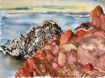 ‘Beyond the Birdhouse, Hofni Cliffs’, watercolor/paper, 11” x 15”