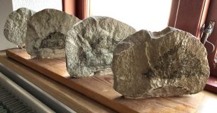 ‘Split Rock, Cut Away Views’, approximately 6” x 8” x 18”, transfer drawings on rock, permanent collection at Skagaströnd library 2015