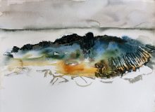 ‘Basalt Formations, Kálfshamarsvik’, watercolor/paper, 11” x 15”
